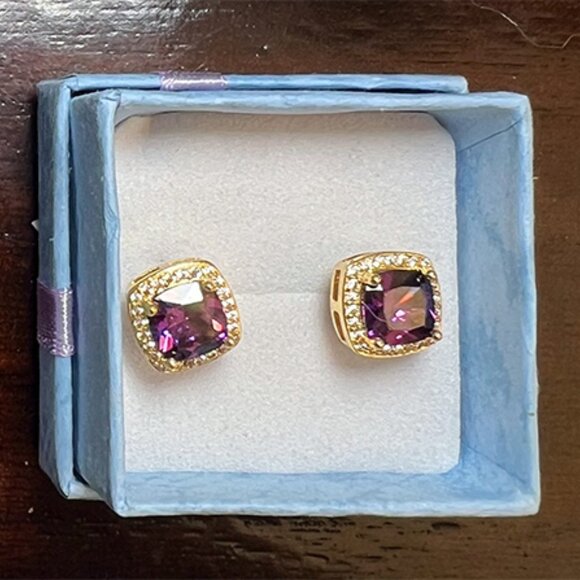 Jewelry - 24k YG Plated 4Ct Created Amethyst Halo Princess Cut Stud Earrings